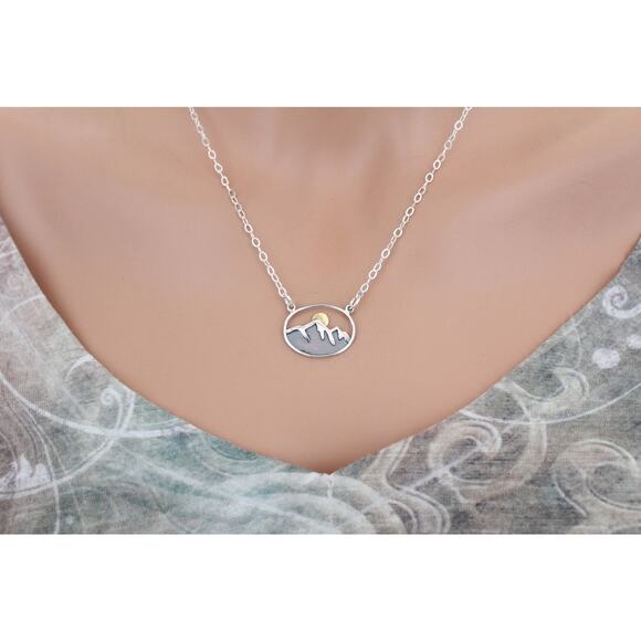 Sterling Silver Oval Mountain Pendant with Bronze Sun Necklace - Picture 1 of 5